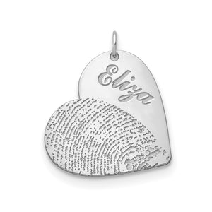 Sterling silver heart pendant with a fingerprint on the lower half and an engraved name above it