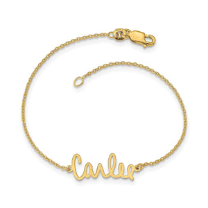 Yellow gold signature name bracelet reading Carlee on a cable chain with a lobster clasp