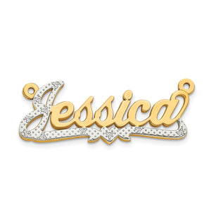 Two tone diamond Jessica nameplate pendant photographed on a white background