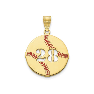 Yellow gold baseball pendant with cut-out number 28 and red enamel stitching