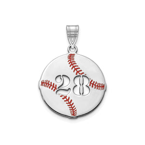 Sterling silver baseball pendant with cut-out number 28 and red enamel stitching