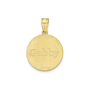 Yellow gold soccer pendant with the name Gabby engraved on the brushed back