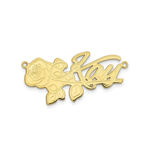Yellow gold cursive name plate with a rose design, shown with the name Kay