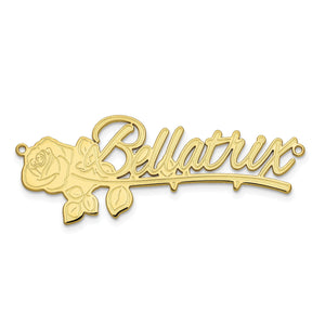 Yellow gold cursive name plate with a rose design, shown with the name Bellatrix