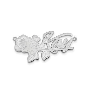 Sterling silver cursive name plate with a rose design, shown with the name Kay