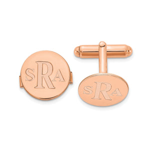 Rose round cuff links engraved with a three-letter monogram, front and bullet back