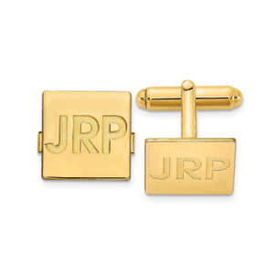 Yellow square monogram cuff links engraved with the block initials JRP