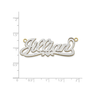 Two tone 3D diamond Jillian nameplate measured against a ruler at just over one inch tall