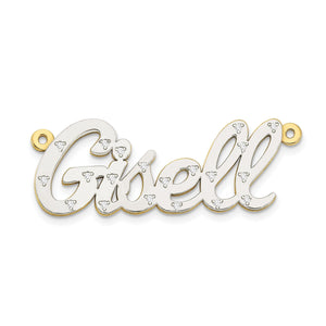 Close view of the Gisell name pendant with diamonds set along the white gold letters