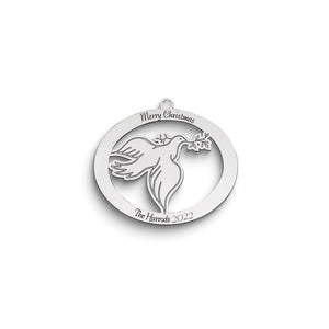 Sterling silver dove and olive branch ornament with top and bottom engraving, on white