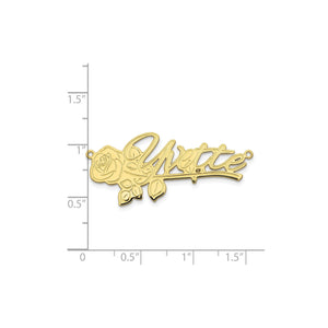 Yellow gold rose design name plate beside a ruler showing it is about 1.5 inches wide