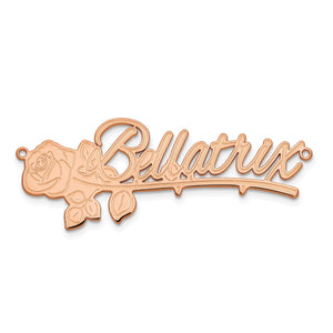 Rose gold cursive name plate with a rose design, shown with the name Bellatrix