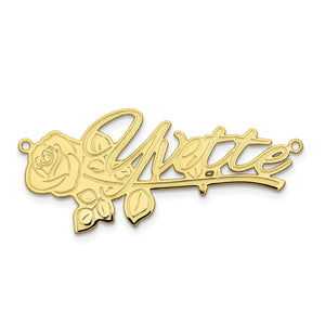 Yellow gold cursive name plate with a rose and leaves design, shown with the name Yvette