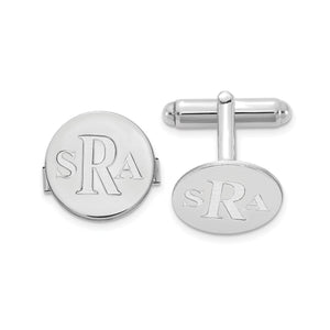 White round cuff links engraved with a three-letter monogram, front and bullet back