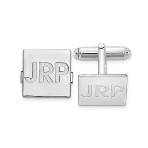 Silver square monogram cuff links engraved with the block initials JRP