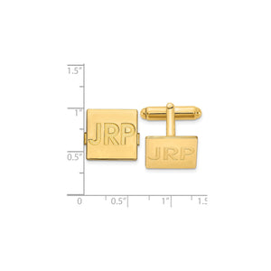 Yellow square monogram cuff links on a ruler, about 0.6 inch across