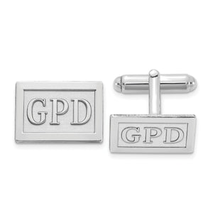 Sterling silver rectangle cuff links with raised GPD initials and a polished border