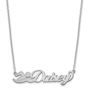 Sterling silver cursive name necklace reading Daisy with a swimmer image before the name