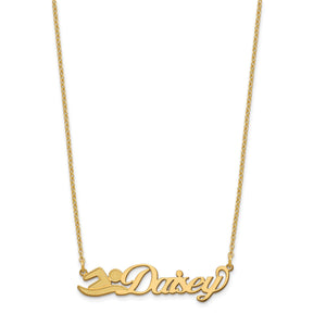 Yellow gold custom image and name necklace reading Daisy with a swimmer on a cable chain