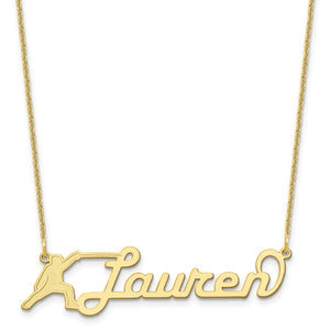 Yellow gold name necklace reading Lauren with a running figure image before the name