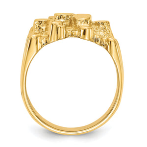 Front view of the gold nugget ring showing the tapered band