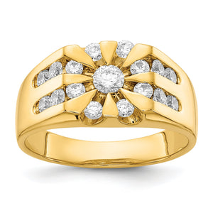 Angled view of the men's gold diamond ring showing the channel set rows radiating from the center stone