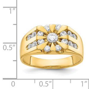 Men's gold diamond ring measured against a ruler at roughly half an inch across the top