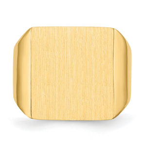 Straight-on view of the brushed square face of the 14k gold men's signet ring