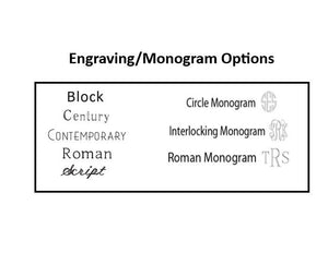 Engraving and monogram options chart showing Block, Century, Contemporary, Roman, Script, Circle Monogram, Interlocking Monogram and Roman Monogram