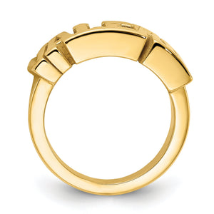 Profile view of the gold name ring showing the band shape and raised name letters