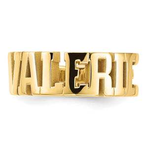 Close-up of yellow gold block letter name on the personalized ring
