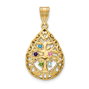 Yellow gold Tree of Life teardrop pendant set with five round birthstones