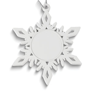White pewter snowflake ornament with a blank polished center