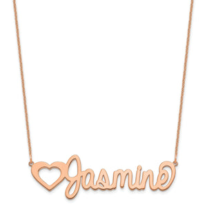 Rose gold cursive name necklace reading Jasmine with an open heart image before the name
