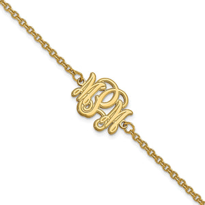 Yellow gold etched outline three initial monogram bracelet on a cable chain