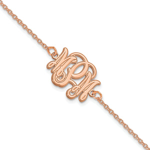 Rose etched outline three initial monogram bracelet on a cable chain