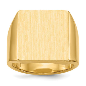 Top view of the 14k yellow gold men's signet ring showing the blank satin brushed face ready for engraving