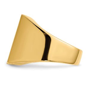 Side view of the 14k gold men's signet ring showing the bold tapered band