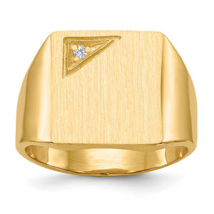 Angled view of the men's gold signet ring showing the square satin face and tapered shoulders