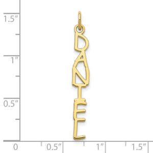 Vertical name plate charm beside a ruler, measuring about 1.4 inches tall