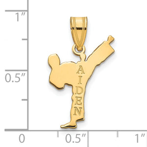 Size chart for the boy design karate kick pendant engraved Aiden, just under 1 inch tall