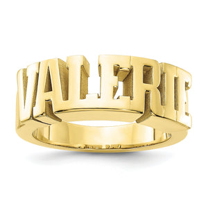 Yellow gold custom name ring with bold block letter cutout name band