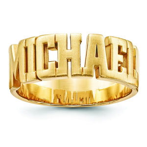 Yellow gold personalized name ring with raised block letters, angled view