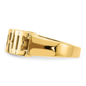 Side view of yellow gold custom name ring showing the letter depth and tapered band