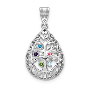 White gold or sterling silver Tree of Life pendant with five colored birthstones in the branches