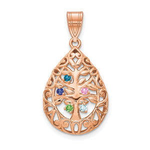 Rose gold Tree of Life teardrop pendant with five round birthstones