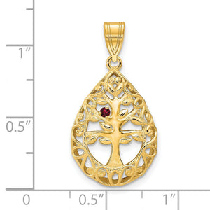 Yellow gold Tree of Life pendant with one birthstone against an inch scale, about 21mm tall