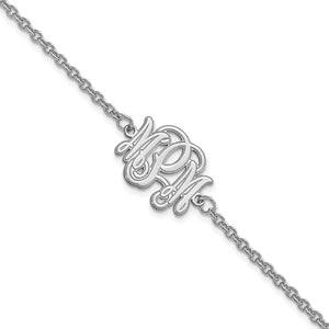 White etched outline three initial monogram bracelet on a cable chain