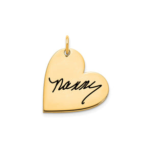 Yellow gold heart pendant laser engraved with a handwritten signature