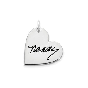 Sterling silver heart pendant laser engraved with a handwritten signature